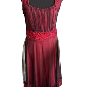 Boho Mesh Overlay Midi Dress Red Black Sleeveless Goth Floral Appliqué Small
